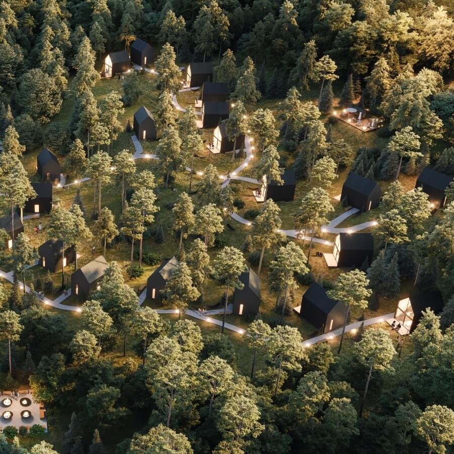 Tak będą wyglądały domki pod inwestycję nad Zalewem Wiślanym w kompleksie Narusa Leśna Przystań.